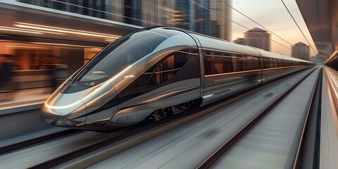 Fototapeta premium Highspeed rail technology with magnetic levitation for future transportation innovation. Concept Transportation Technology, Maglev Trains, Future Innovation, High-Speed Rail, Magnetic Levitation