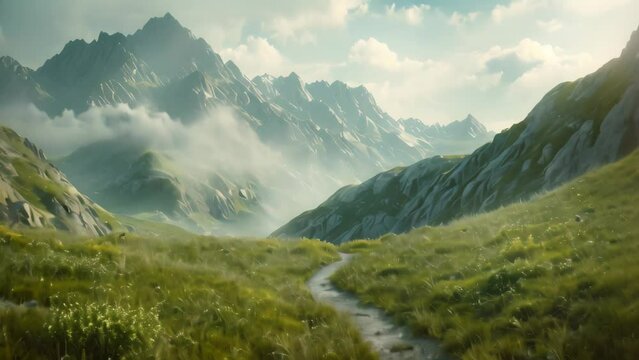 A path winds through the rugged mountain range, showcasing the natural beauty of the landscape, A serene mountain landscape with a winding trail leading into the distance