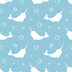 Child  Seamless pattern with white Narwhal and bubbles isolated on light blue background. For textile, fabric, greeting card, invitation.