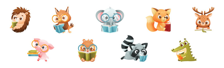 Cute Animals Reading Book Enjoying Interesting Story Vector Set
