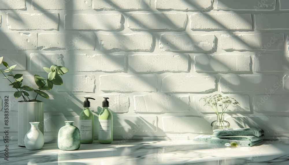 Poster the marble countertop in the foreground is decorated with small green vases, soap jars and bottles o