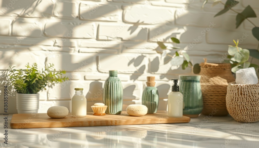 Poster the marble countertop in the foreground is decorated with small green vases, soap jars and bottles o
