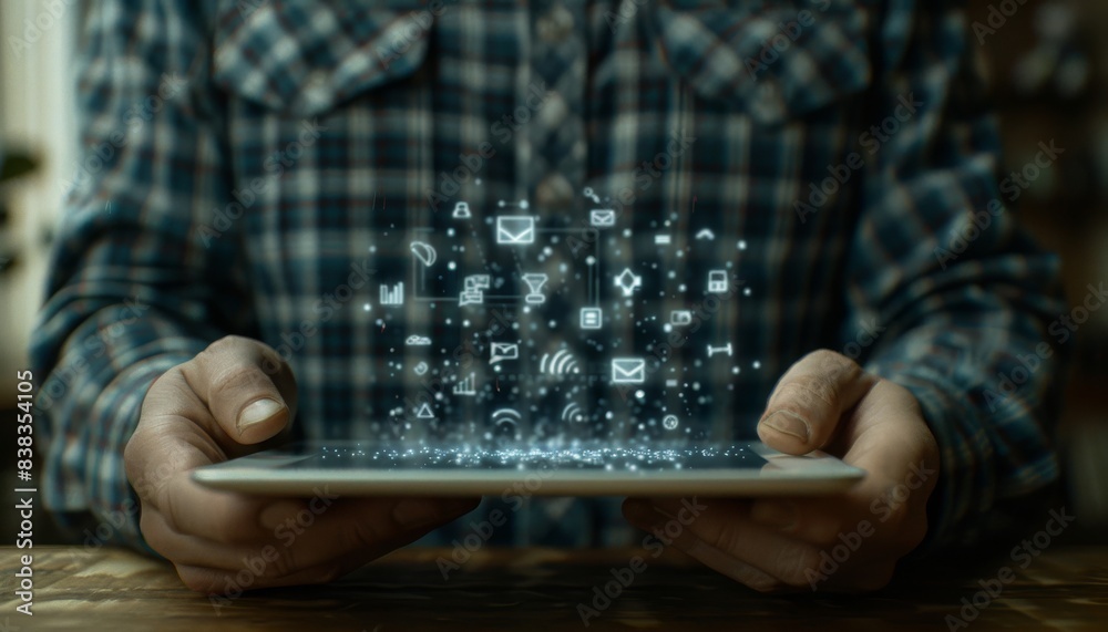 Poster A businessman using a tablet with data science and technology icon holograms on the screen, displaying code for business analytics or big data service dark background
