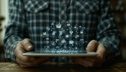 A businessman using a tablet with data science and technology icon holograms on the screen, displaying code for business analytics or big data service dark background