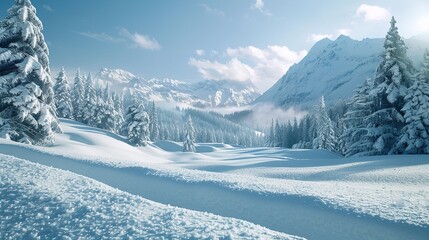 Obraz premium Alpine Meadows, a winter wonderland for snowy adventures, has fresh snow blankets. Snow-covered Alpine Meadows in a Photorealistic Concept in Adobe Stock, Generative AI.