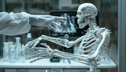 medical research. An AI robot hand holds a virtual screen displaying a futuristic medical hologram. A human hand wearing white gloves uses a digital interface for health care technology