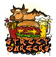 Isolated Street Style Fast Food and Drink, Street Burger Bar Festival, French Fries, Ketchup, Beer, Cow Meat Animal, Modern Graffiti Style Illustration