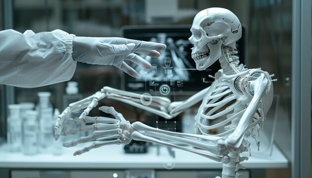 medical research. An AI robot hand holds a virtual screen displaying a futuristic medical hologram. A human hand wearing white gloves uses a digital interface for health care technology