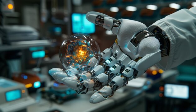 medical research. An AI robot hand holds a virtual screen displaying a futuristic medical hologram. A human hand wearing white gloves uses a digital interface for health care technology