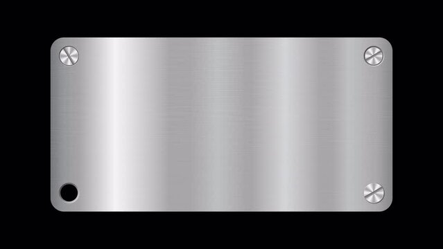 Brushed steel sign frame with metal screws animation. Realistic metal brushed plate. Metal plate. Steel sign. Rotating screw animation. Motion graphic. Transparent background with alpha channel