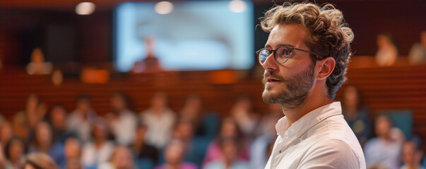 A person giving a presentation with a captivating and engaging style representing the power of clear and impactful communication