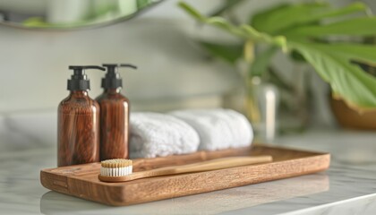 Wooden tray on a white marble bathroom counter with a blurred background of a toothbrush and towels, mockup for a product display presentation in the style of a natural style