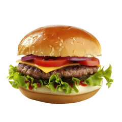 A delicious cheeseburger with lettuce, tomato, onion, and pickles isolated on transparent background