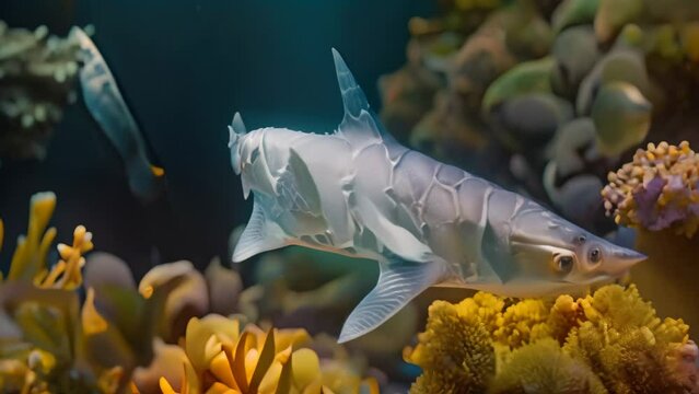 A black and white shark swims among coral reefs in an aquarium, A shark camouflaging among coral reefs with its unique patterns