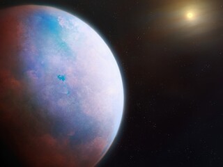 Naklejka premium Planet with a solid surface. Incredible extrasolar world, super-earth in cosmos. Earth-like exoplanet in far space.
