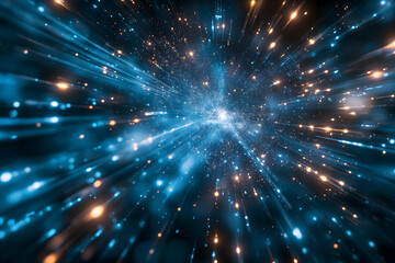 a burst of light with blue hues moving and flying, in the style of radiating lines