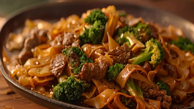 A plate of stir-fried pad see ew noodles with tender beef slices and crisp broccoli, A sizzling hot plate of pad see ew noodles stir-fried with tender slices of beef and crispy broccoli