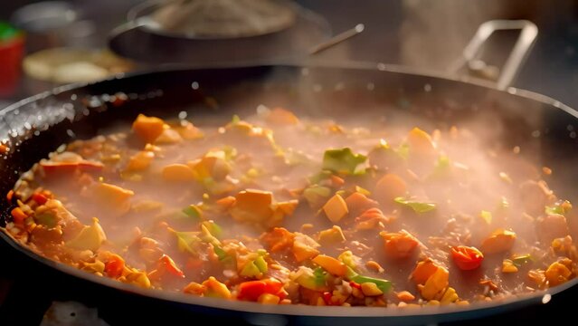 A wok filled with sizzling mapo tofu cooking on a stove, steam rising from the spicy dish, A sizzling hot wok of spicy mapo tofu with minced pork