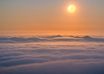 Blurred morning. The sun rises in the morning. Fog in winter, the air is fresh. Generative AI
