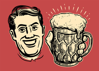 Smiling middle aged man offer glass mug of beer. Retro advertising poster. Vector illustration in pop art comic style