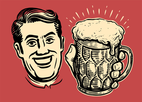 Smiling middle aged man offer glass mug of beer. Retro advertising poster. Vector illustration in pop art comic style