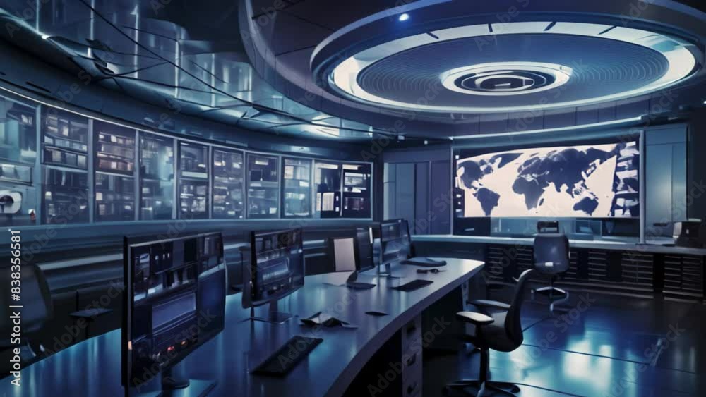 Poster a large, modern room filled with numerous monitors displaying data and visuals, a sleek and modern c