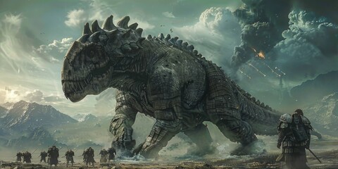  The army of the dark attacks a large herbivorous dinosaur.