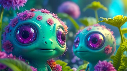Cute friendly green aliens with large eyes surrounded by purple flowers in lush landscape on a futuristic alien terrain. Fantasy world. Concept of extraterrestrial nature, sci-fi, whimsy