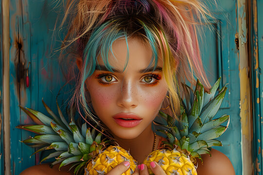 Young girl with colored hair and pineapples on a colored background