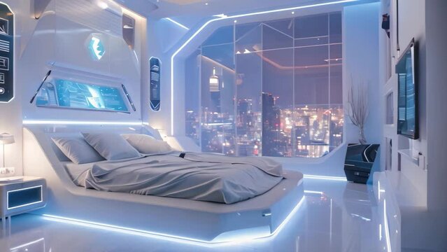 A contemporary bedroom featuring a bed and television, showcasing sleek design and high-tech gadgets, A sleek, futuristic bedroom with high-tech gadgets and integrated smart home controls
