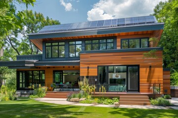 Fototapeta premium A modern house with solar panels on the roof, green grass in front of it and trees around. The sun is shining brightly, casting warm light over everything. warm light over e