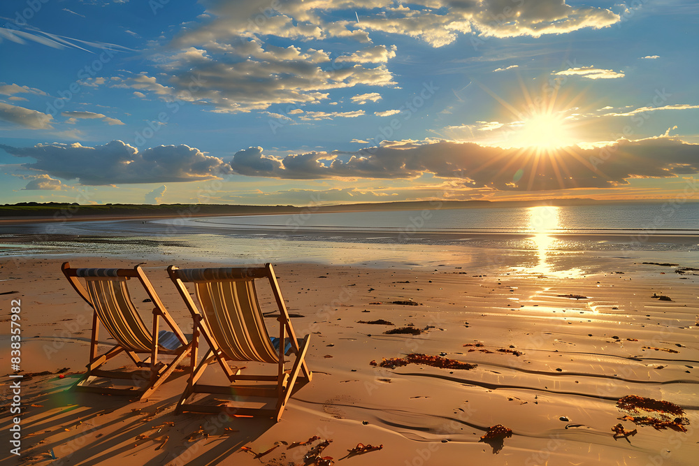 Wall mural Deckchairs on Beach with Dramatic Sky
