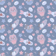 children's night pattern with a bear, a bunny, an owl