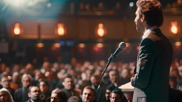 A man in business attire standing in front of a group, holding a microphone and giving a presentation, A smartly dressed executive giving a presentation to a large audience