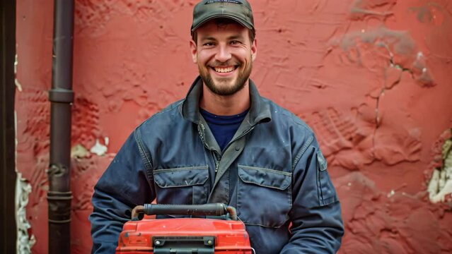 A man, smiling, holds a red toolbox in front of a red wall, A smiling plumber holding a toolbox