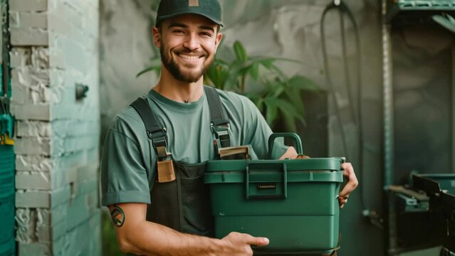 A man confidently holds a toolbox in his hands, ready for plumbing work, A smiling plumber holding a toolbox