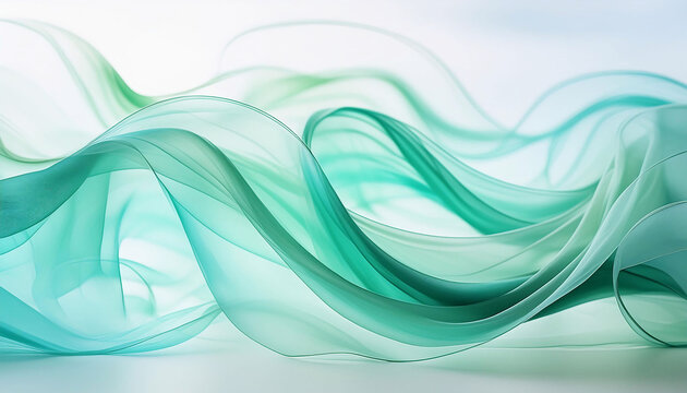Abstract design of flowing wavy lines in green and teel ribbons fabric aesthetic continuous lines movements smooth effect.