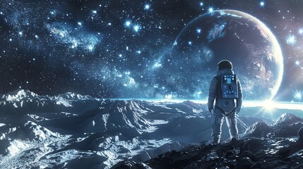 Obraz premium Astronaut standing on an alien landscape, gazing at the star-filled sky and distant planet, capturing the vastness and beauty of outer space.