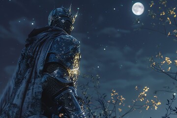 Naklejka premium Armored knight gazes at the full moon in a mystical night. His armor glimmers under the moonlight, surrounded by glowing leaves and magical atmosphere.