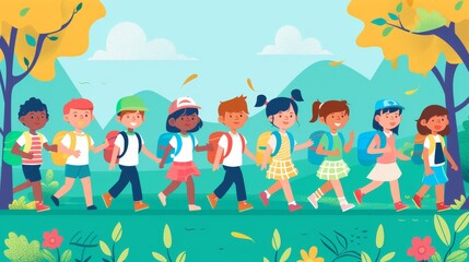 A group of young students with backpacks walk towards their school, in a flat illustration. Back to school, learning.