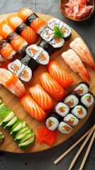 Many sushi on a wooden plate with chopsticks, food background 