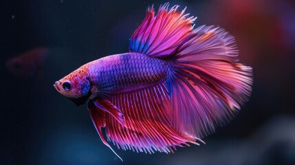 Fototapeta premium Majestic Betta Fish with Vibrant Pink and Purple Scales Swimming in Dark Water