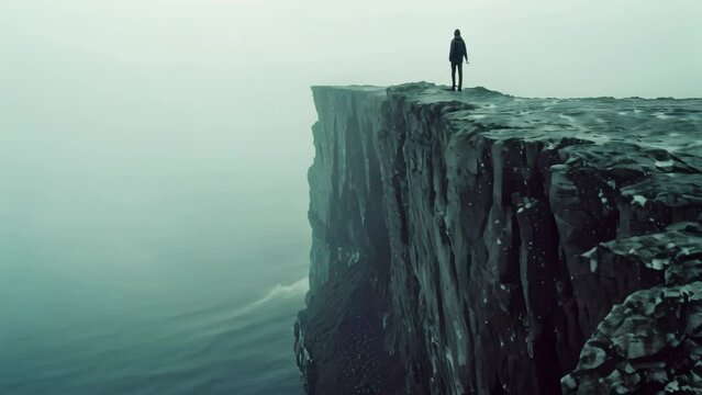 A person stands on the edge of a cliff, overlooking the vast landscape below, A solitary figure standing at the edge of a cliff, staring into the abyss