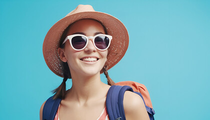 Happy young American tourist woman wearing beach hat, sunglasses and backpacks going to travel on holidays on blue background.