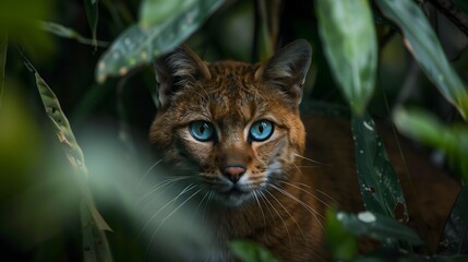 A Close Up Portrait of a Brown Wildcat With Bright Blue Eyes Hiding in Lush Green Foliage. Generative AI