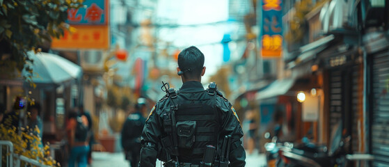 A man police officer patrolling city streets 