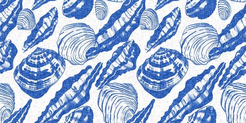 Azure blue white shell motif with linen seamless batik border background. Modern coastal beach cottage rustic shell block print home decor pattern design in sealife beach banner style. 