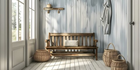 Scandinavian farmhouse hallway with wooden bench coat rack and glass wallpaper. Concept Scandinavian Design, Farmhouse Style, Hallway Decor, Wooden Bench, Coat Rack, Glass Wallpaper