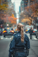 A female police officer patrolling city streets 