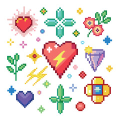 Obraz premium A collection of pixelated images of hearts, stars, and lightning bolts. The images are arranged in a grid, with each image separated by a white space